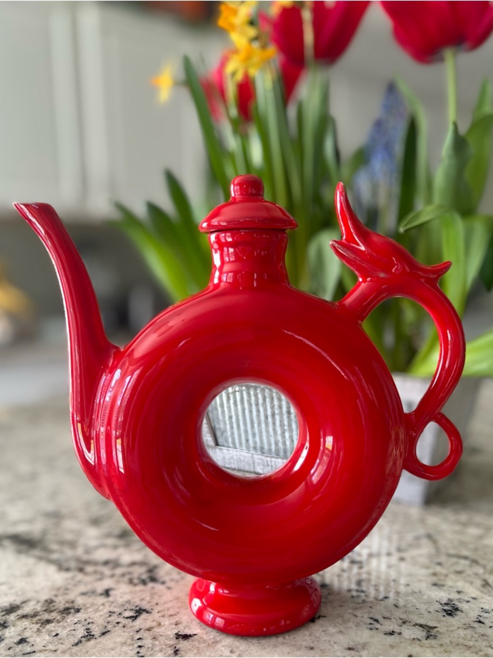 Vintage Red Ceramic Donut Art Deco Teapot Handmade Signed LM 2000 Hull